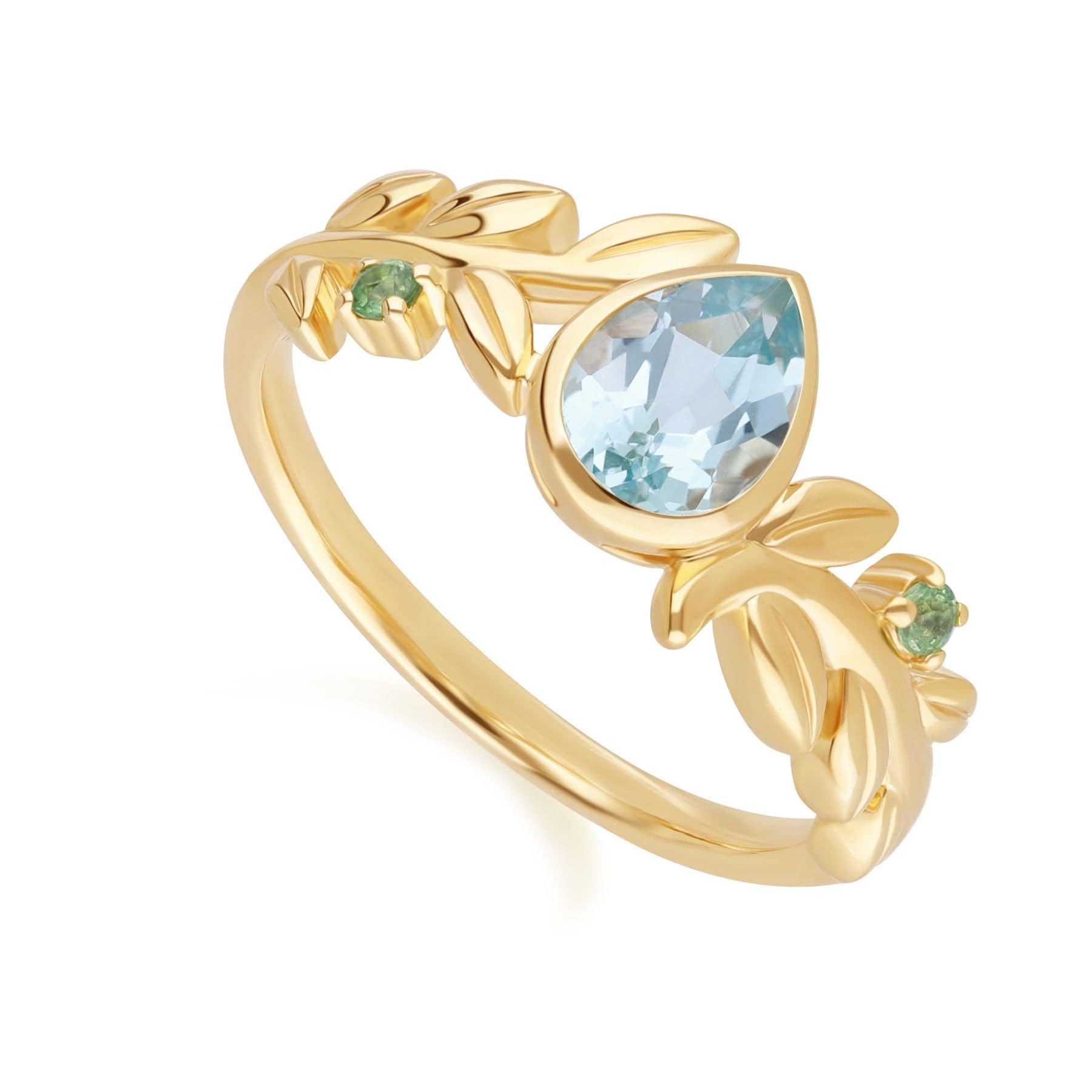 O Leaf Sky Blue topaz & Tsavorite Ring In 9ct Yellow Gold