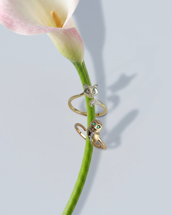Gardenia Emerald and White Sapphire Owl Ring in 9ct Yellow Gold