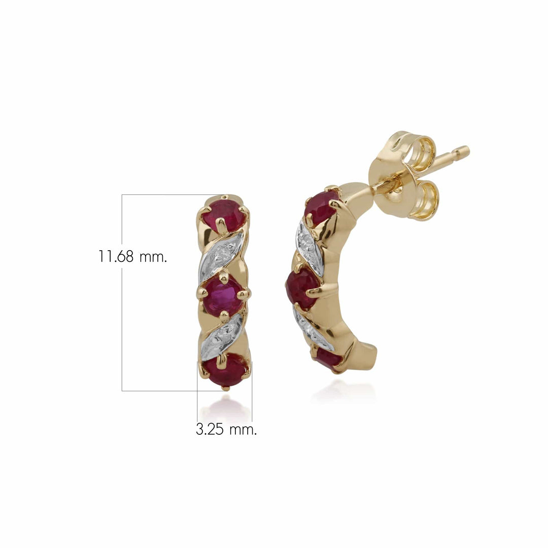 Art Nouveau Style Ruby & Diamond Half Hoop Earrings in 9ct Gold