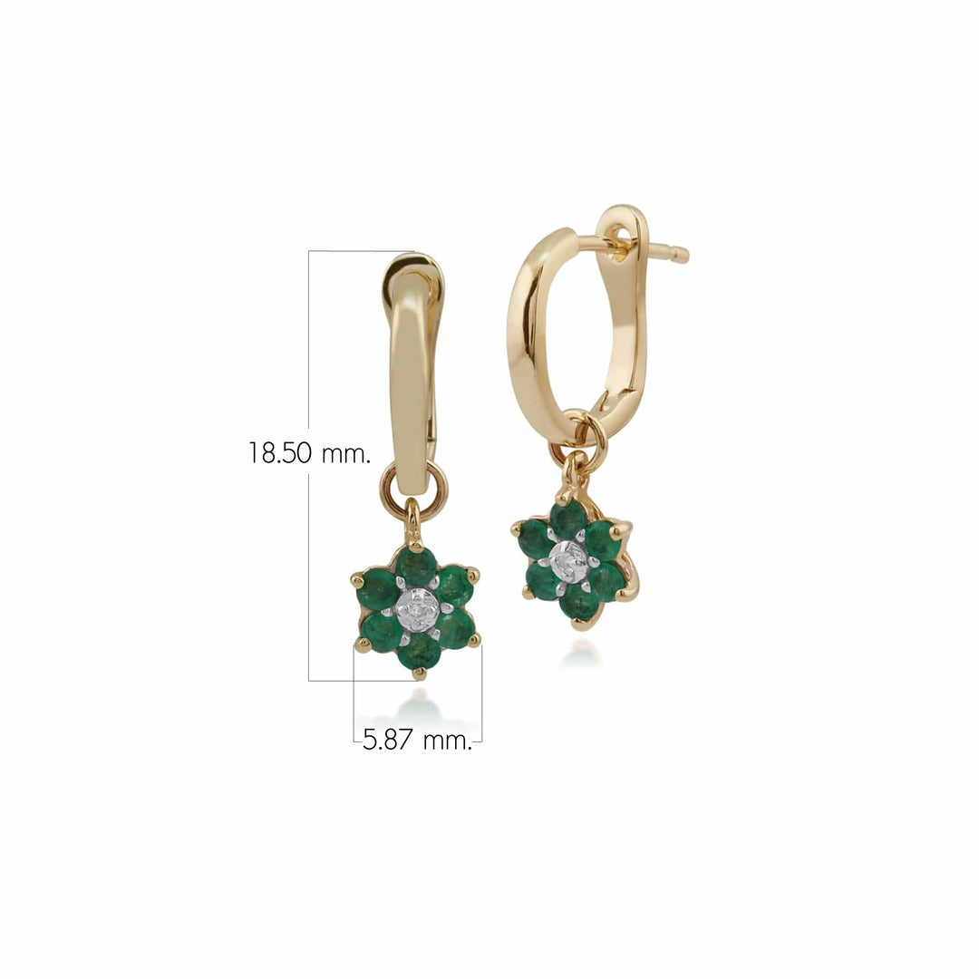 Floral Round Emerald & Diamond Omega Clip Hoop Earrings in 9ct Yellow Gold