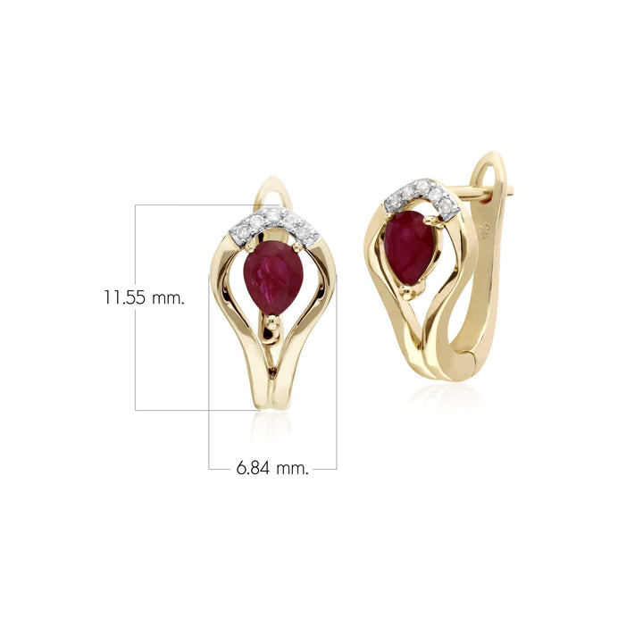 Classic Round Ruby & Diamond Leaf Halo Lever back Earrings in 9ct Yellow Gold