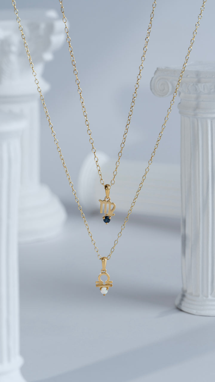 Opal Libra Zodiac Charm Necklace in 9ct Yellow Gold