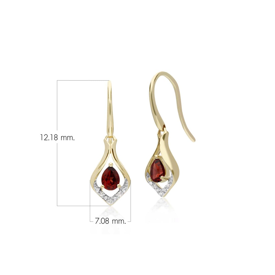 Classic Pear Garnet & Diamond Leaf Halo Drop Earrings in 9ct Yellow Gold