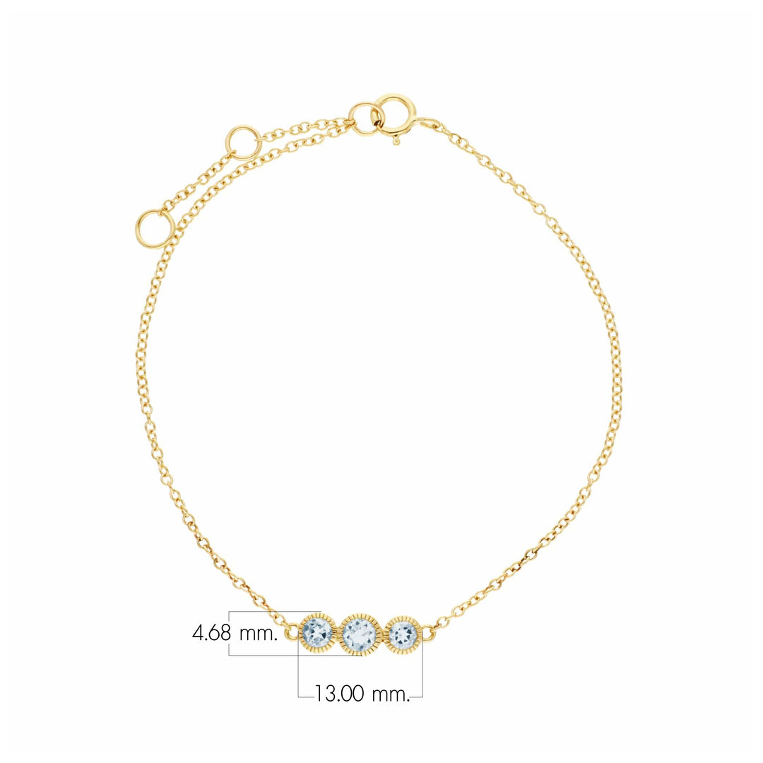 Classic Round Aquamarine Three Stone Milgrain Bracelet in 9ct Yellow Gold