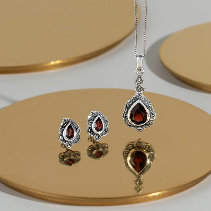 Art Nouveau Style Pear Garnet & Marcasite Leaf Stud Earrings in 925 Sterling Silver