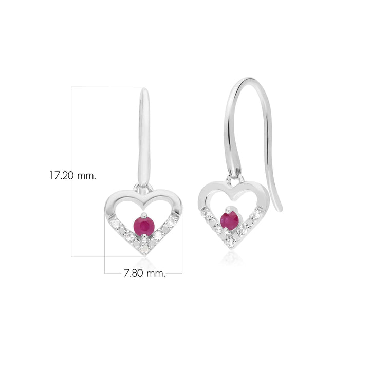 Classic Round Ruby & Diamond Love Heart Shaped Drop Earrings in 9ct White Gold