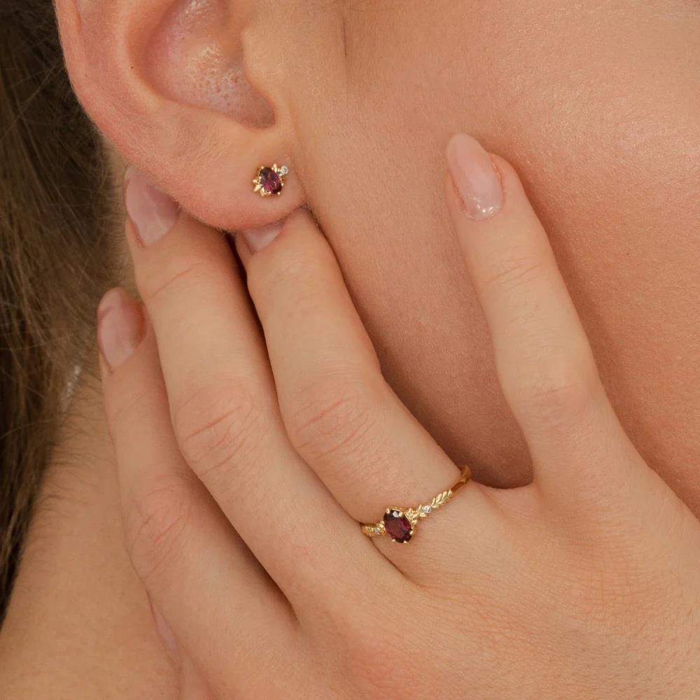 Classic Oval Rhodolite & Diamond Stud Earrings in 9ct Yellow Gold