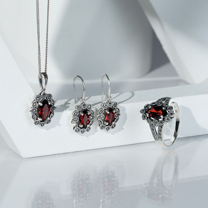 Art Deco Style Marquise Garnet & Marcasite Drop Earrings in Sterling Silver