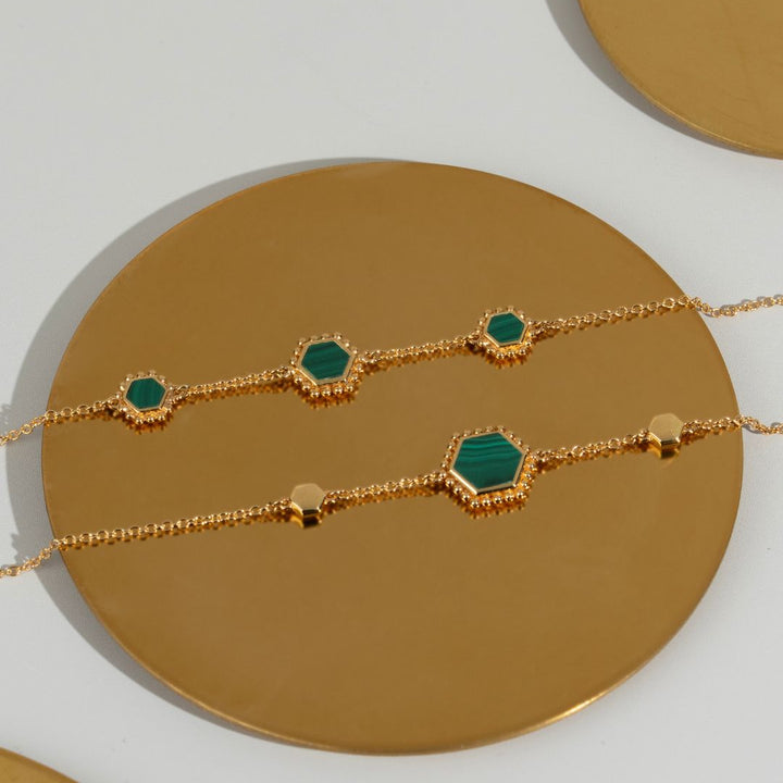 Malachite Flat Slice Hex Bracelet in Gold Plated Silver
