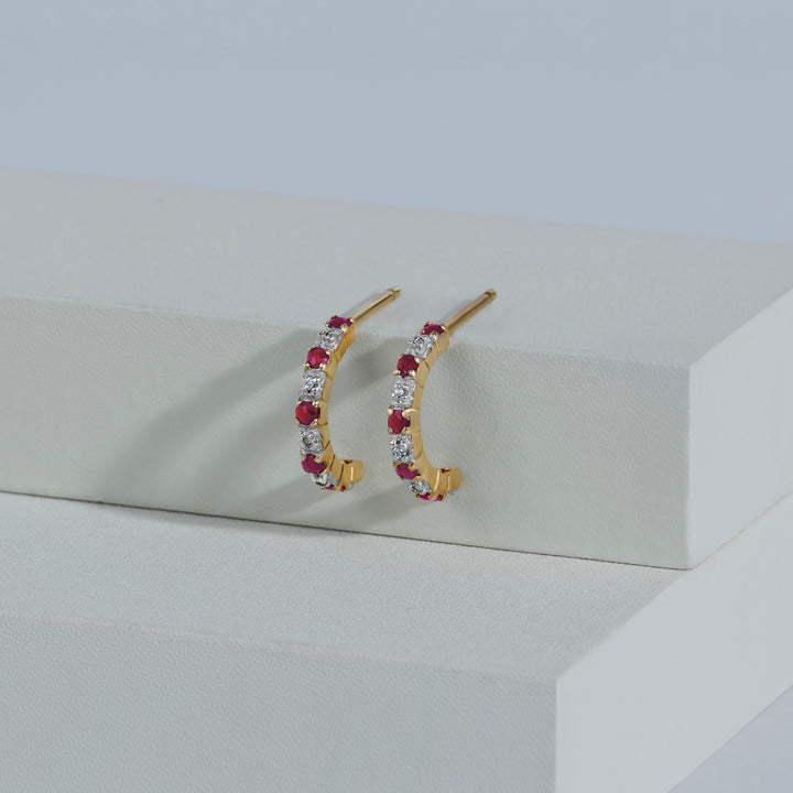 Classic Round Ruby & Diamond Half Hoop 9ct Gold Earrings