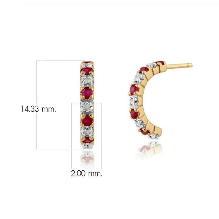 Classic Round Ruby & Diamond Half Hoop 9ct Gold Earrings