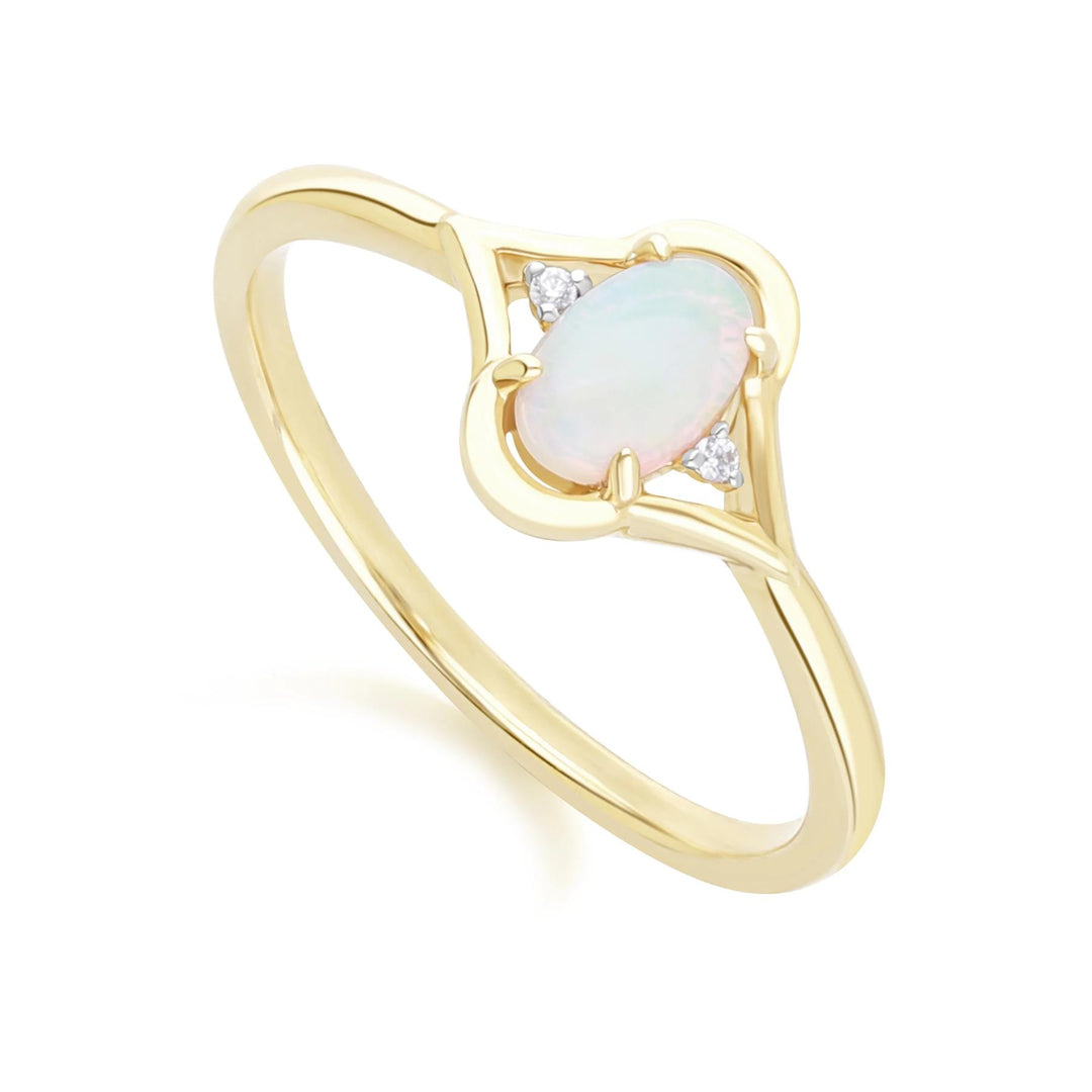 Classic Oval Opal & Round Diamond Ring in 9ct Yellow Gold