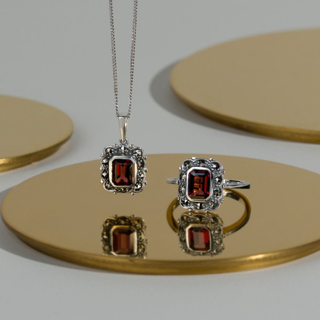 Art Deco Style Octagon Garnet & Marcasite Pendant in 925 Sterling Silver