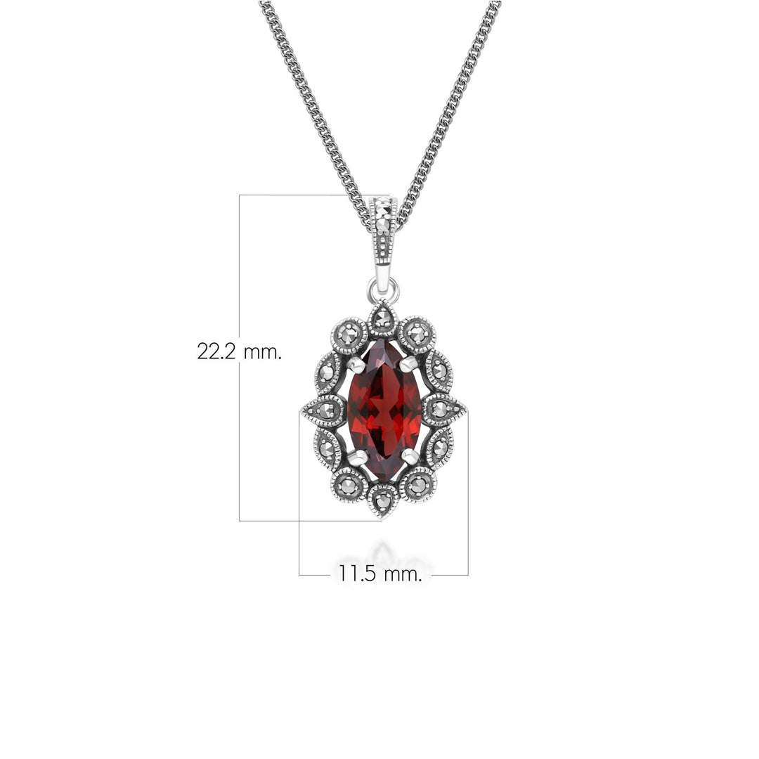 Art Deco Style Marquise Garnet & Marcasite Pendant Necklace in Sterling Silver