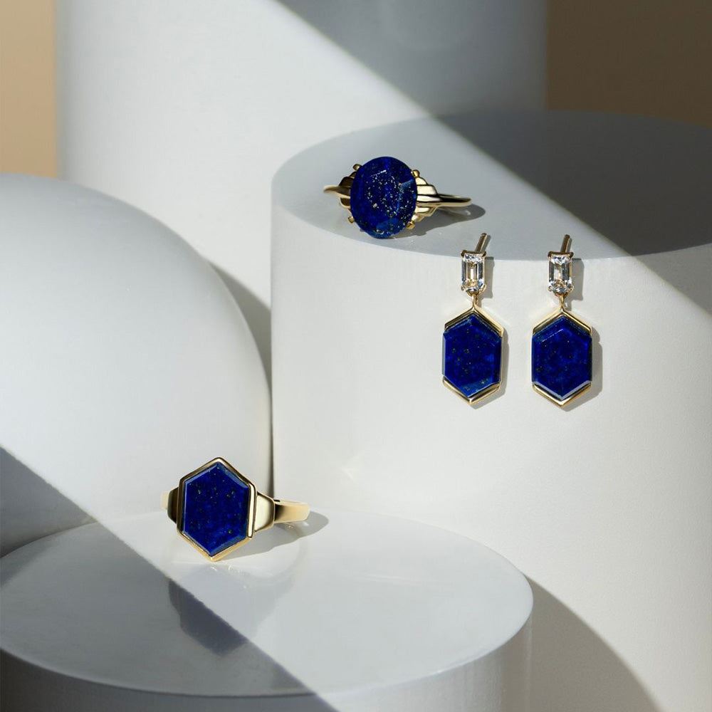 Grand Deco Hexagon Lapis Lazuli & Topaz Drop Earrings in Gold Vermeil