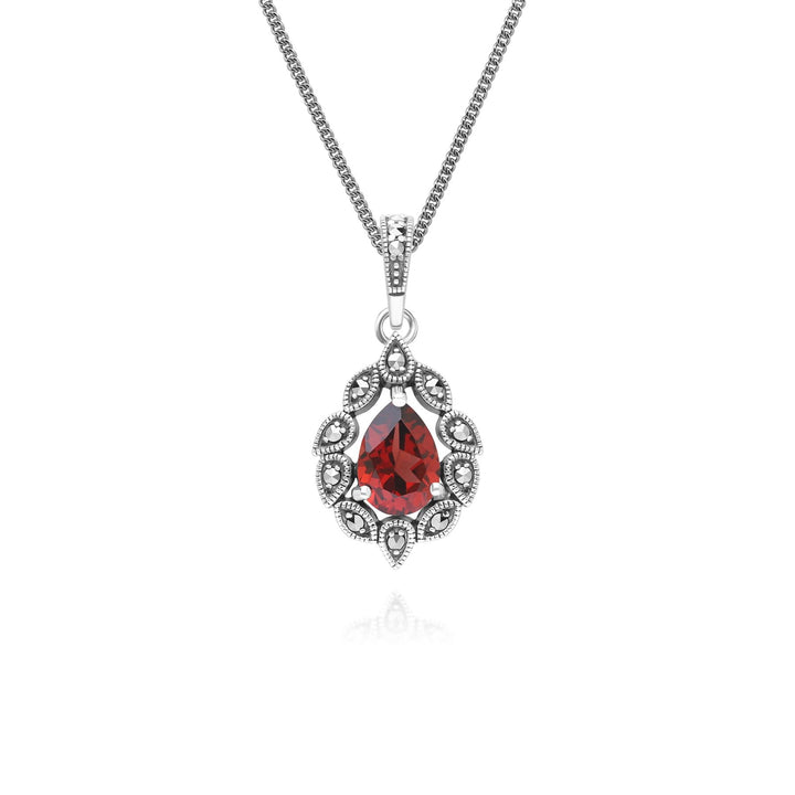 Art Deco Style Pear Garnet & Marcasite Pendant Necklace in Sterling Silver