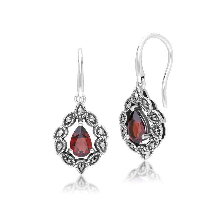 Art Deco Style Pear Garnet & Marcasite Drop Earrings in Sterling Silver