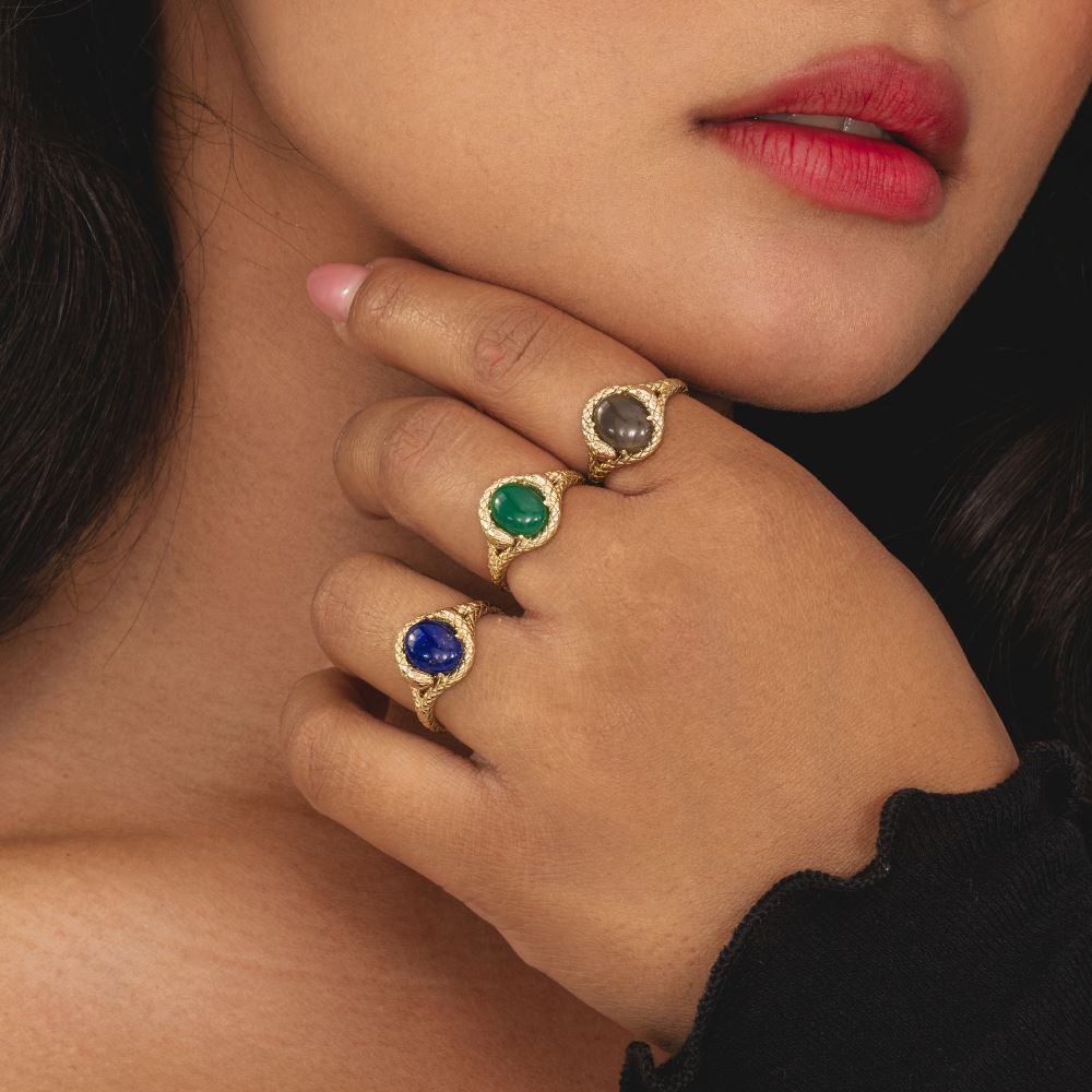 ECFEW™ Oval dyed green chalcedony snake two-headed coiled bezel-set cabochon ring in gold vermeil sterling silver