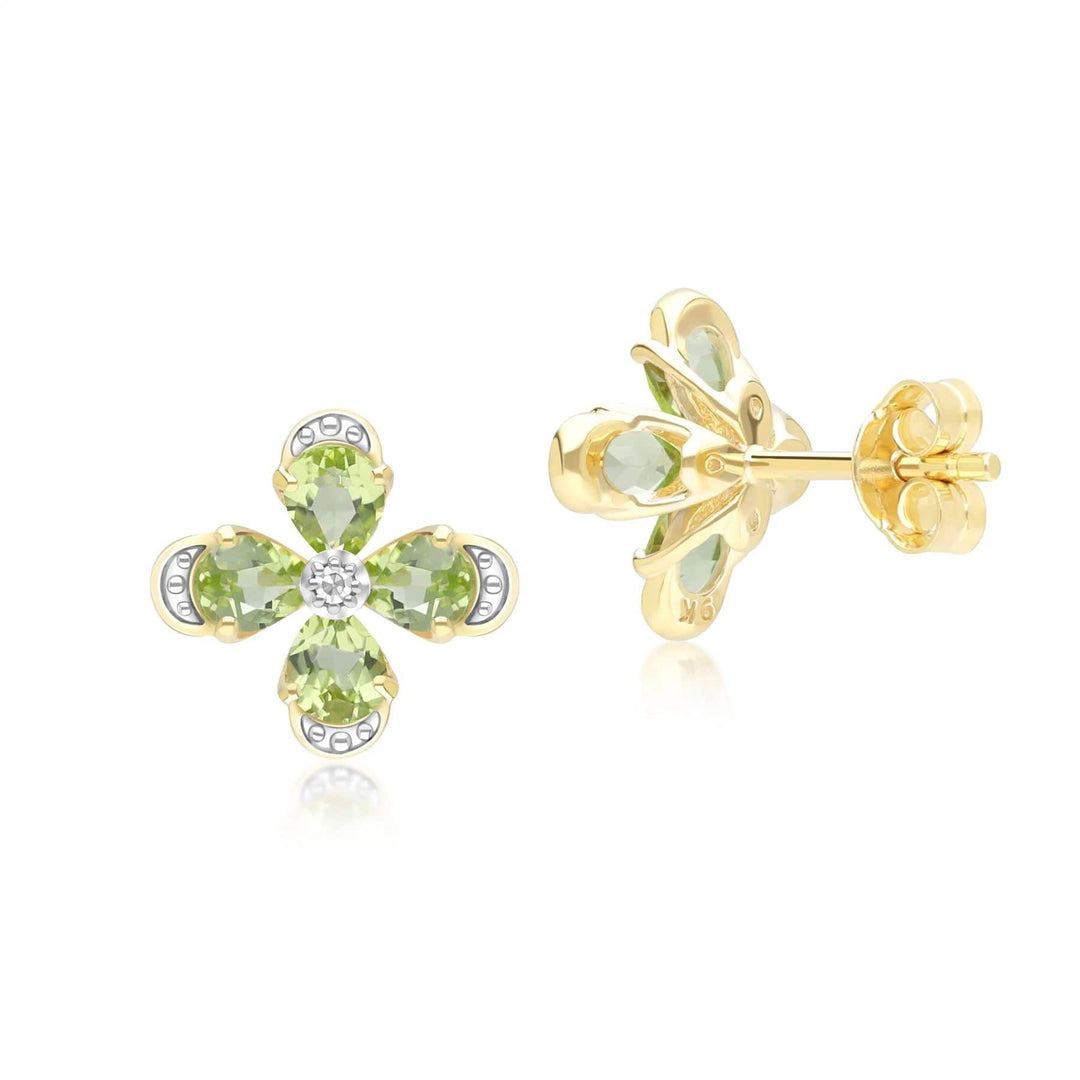 Floral Peridot & Diamond Stud Earrings in 9ct Yellow Gold