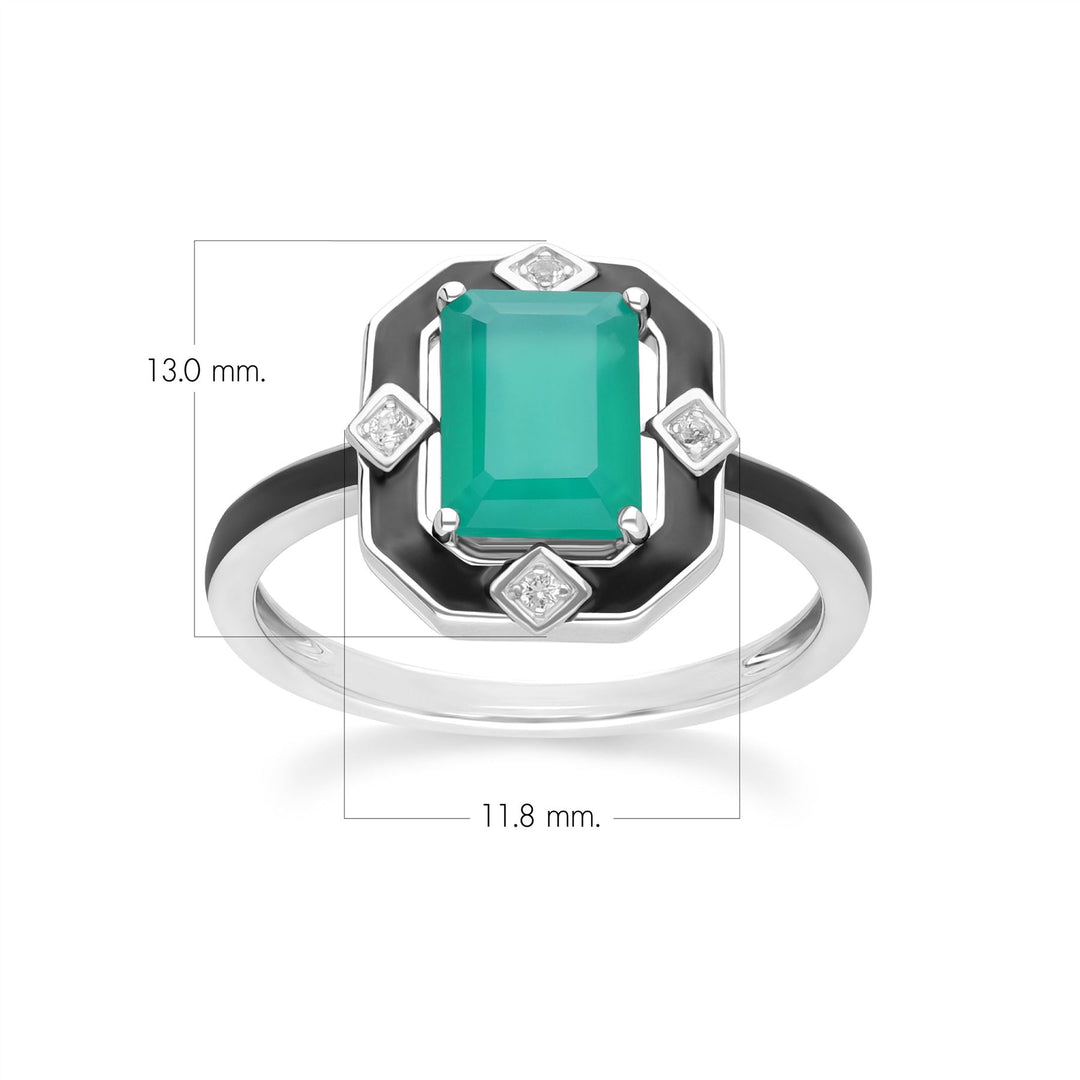 Grand Deco Black Enamel, Green Chalcedony & Topaz Ring in Sterling Silver