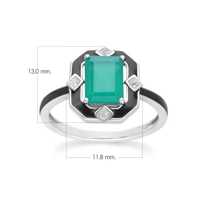Grand Deco Black Enamel, Green Chalcedony & Topaz Ring in Sterling Silver