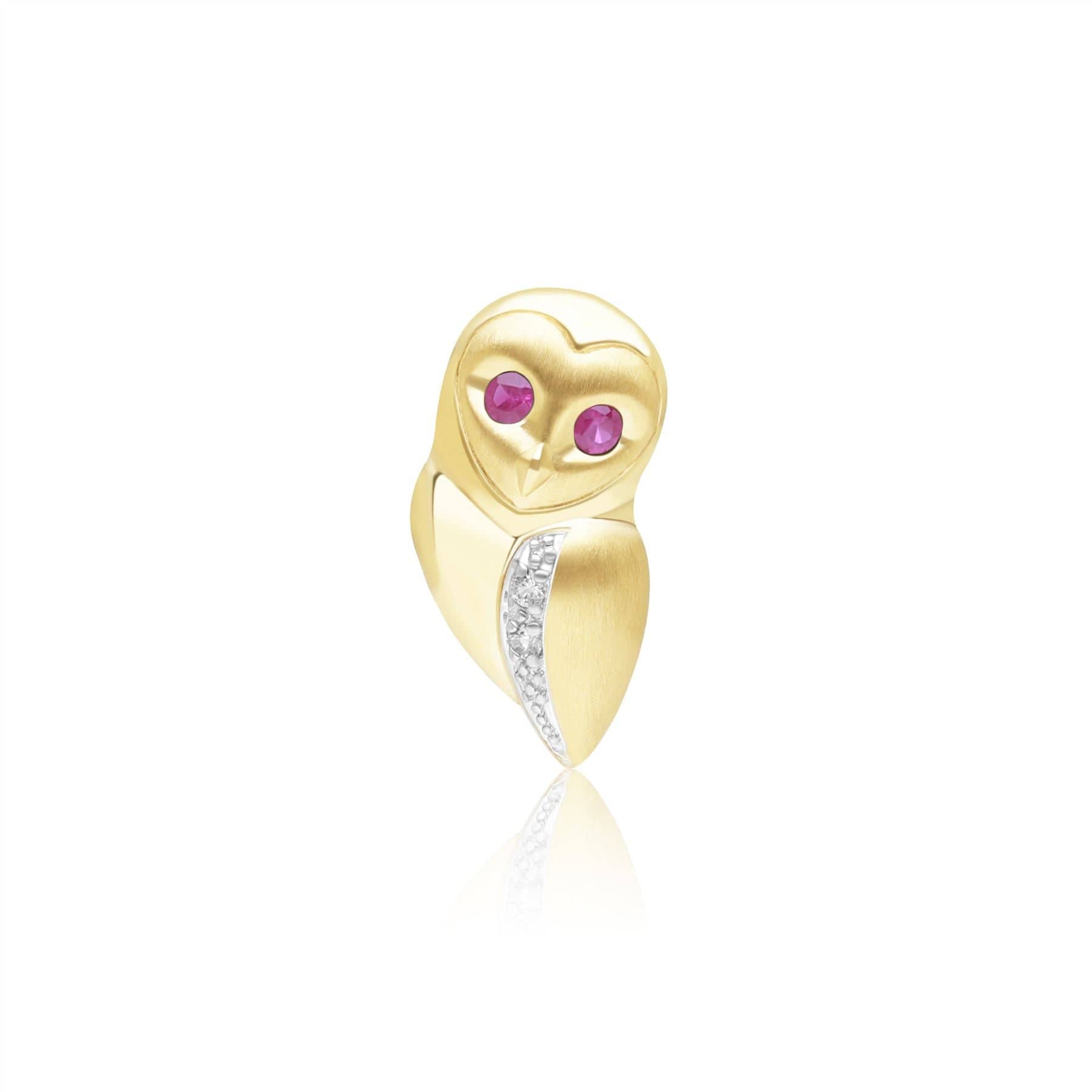 135T0004019 Gardenia Ruby and White Sapphire Owl Pin in 9ct Yellow Gold Front