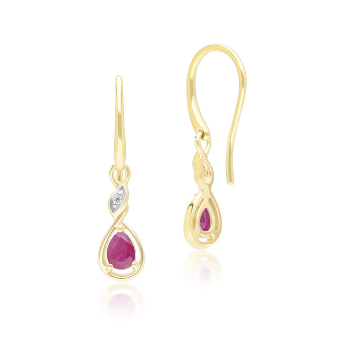 Classic Pear Ruby & Diamond Drop Earrings In 9ct Yellow Gold