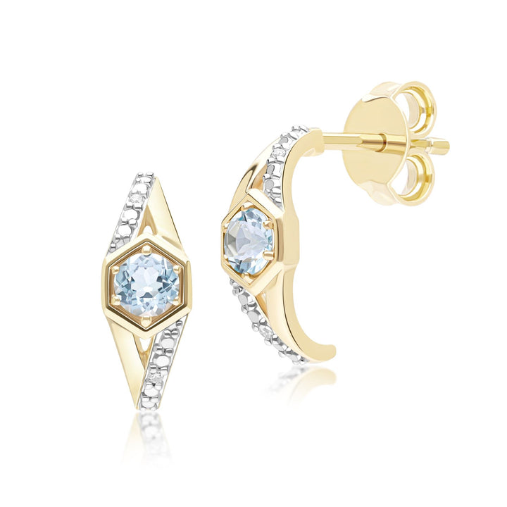 Geometric Hexagon with Prong set Round Topaz and Diamond Half Hoop Earrings in 9ct Yellow Gold