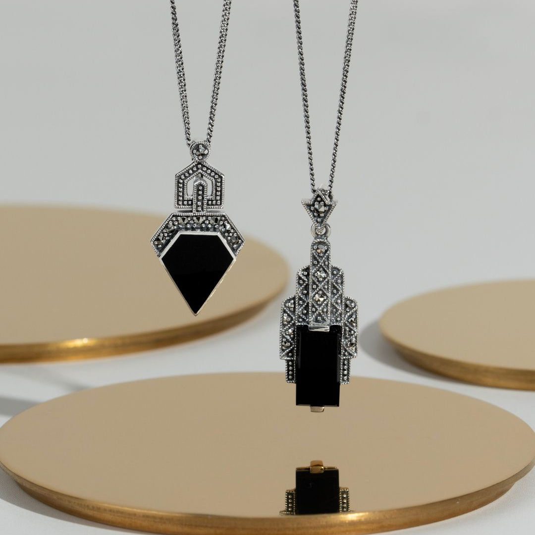 Art Deco Style Irregular Cut Onyx and Marcasite Pendant in 925 Sterling Silver