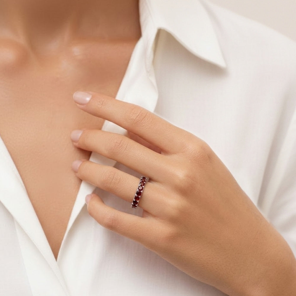 Classic Round Garnet Half Eternity Ring in 925 Sterling Silver