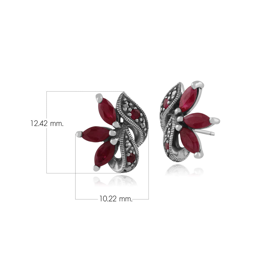 Art Nouveau  Marquise Ruby & Marcasite Leaf Stud Earrings in 925 Sterling Silver