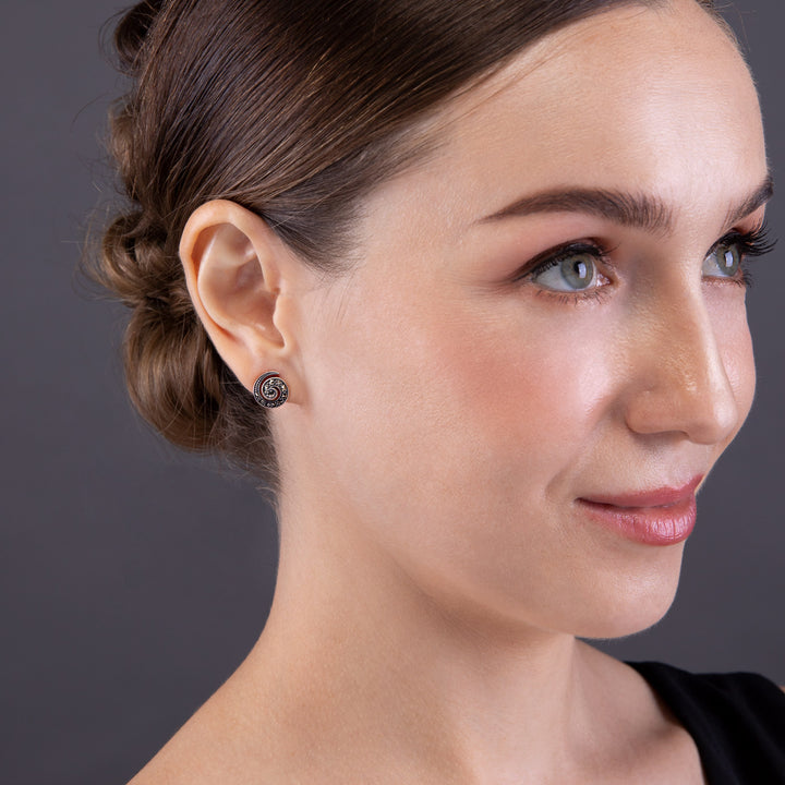 Art Nouveau Style Round Marcasite Spiral Stud Earrings in 925 Sterling Silver