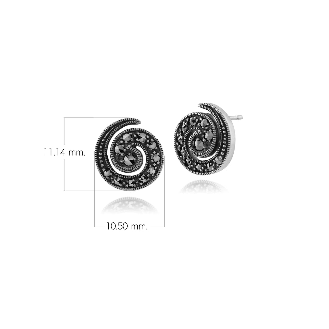 Art Nouveau Style Round Marcasite Spiral Stud Earrings in 925 Sterling Silver