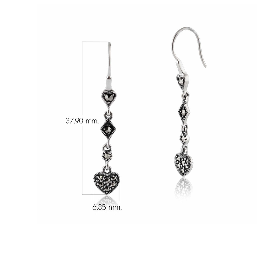 Art Deco Style Round Marcasite Pave Set Heart Drop Earrings in 925 Sterling Silver