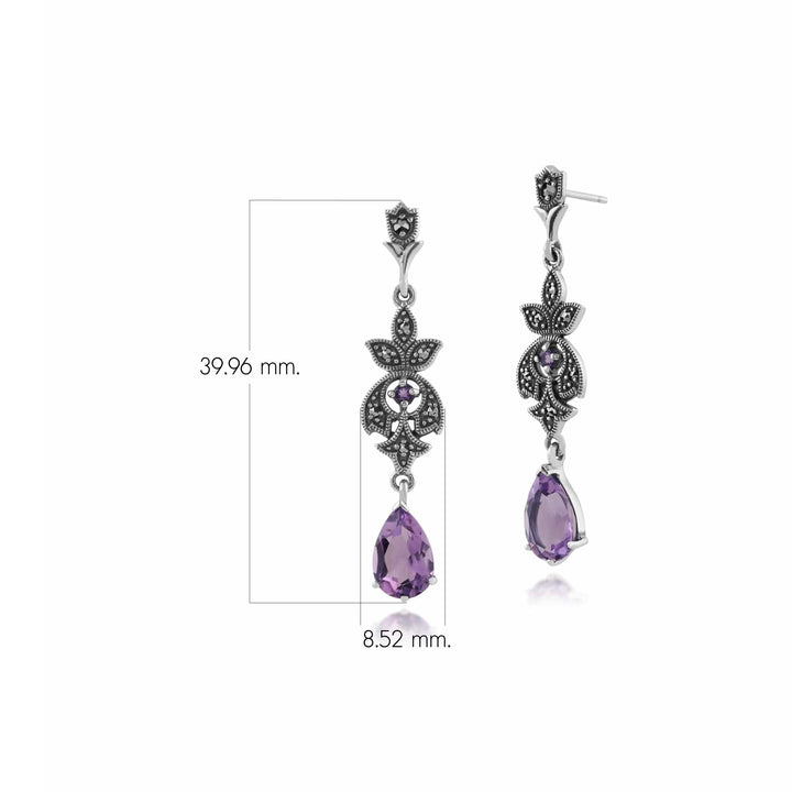 Art Nouveau Style Pear Amethyst & Round Marcasite Drop Earrings in 925 Sterling Silver