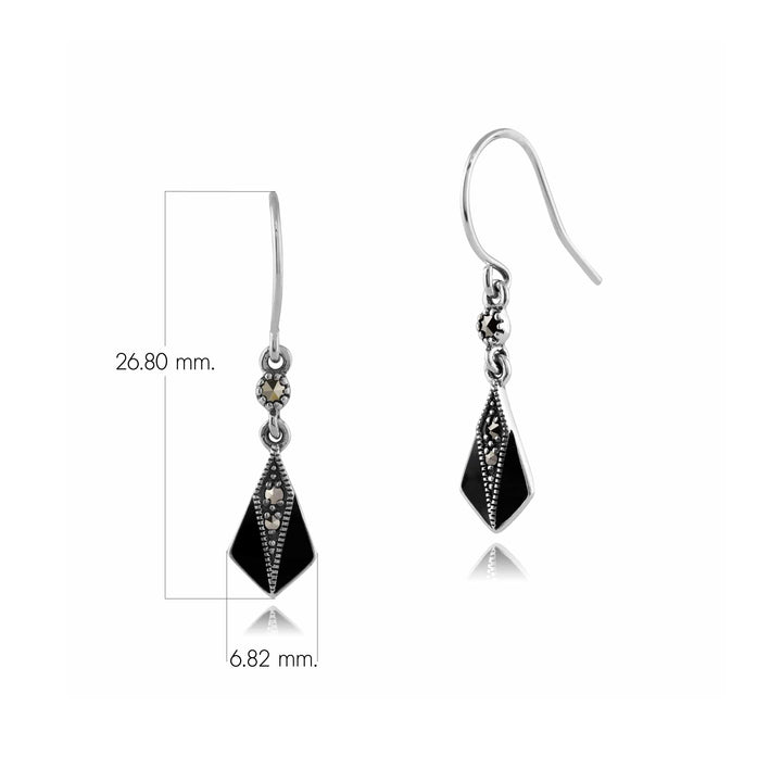Art Deco Style Round Marcasite & Enamel Drop Earrings in 925 Sterling Silver