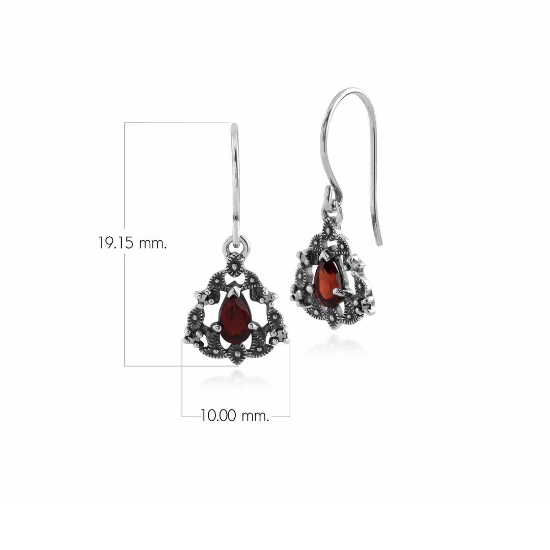 Art Nouveau Style Pear Garnet & Marcasite Garland Drop Earrings in Silver