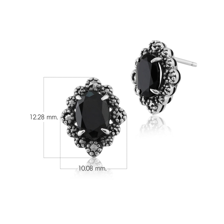 Art Deco Style Oval Black Spinel & Marcasite Stud Earrings in 925 Sterling Silver