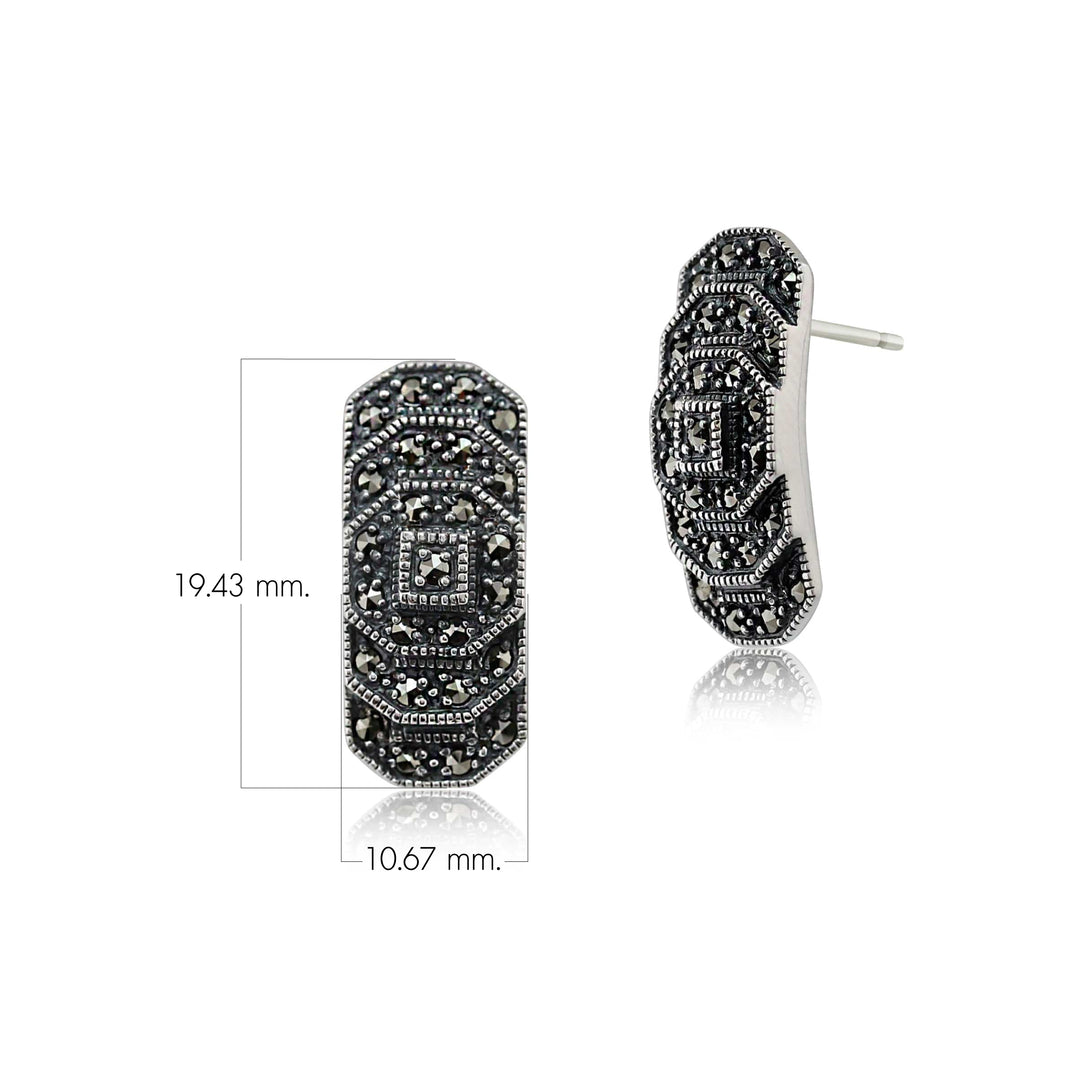 Art Deco Style Round Marcasite Stepped Stud Earrings in 925 Sterling Silver