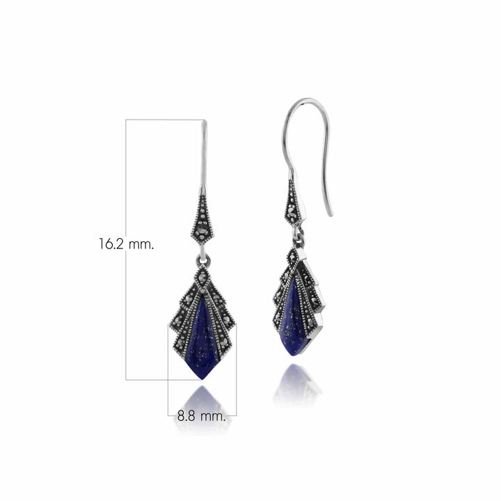 Art Deco Style Diamond Carnelian & Marcasite Drop Earrings In Sterling Silver