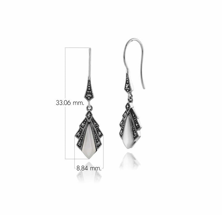 Art Deco Style Diamond Mother of Pearl & Marcasite Drop Earrings in 925 Sterling Silver