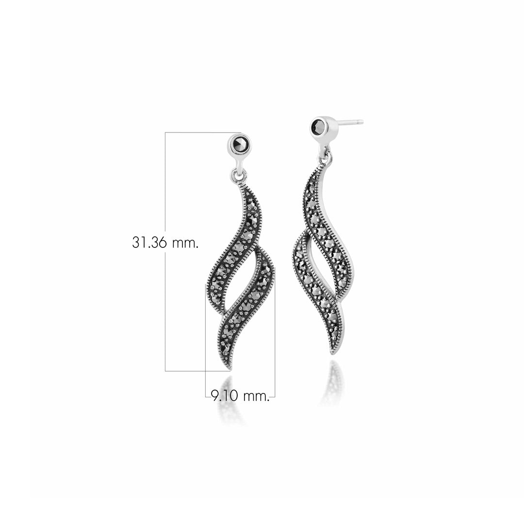 Art Nouveau Style Round Marcasite Swirl Drop Earrings in 925 Sterling Silver