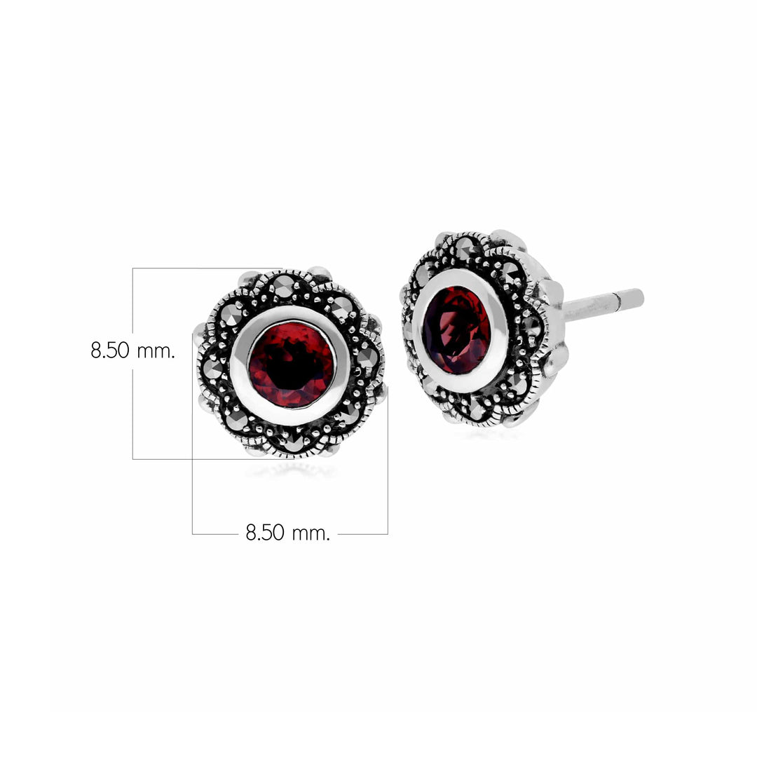 Art Nouveau Style Round Garnet & Marcasite Floral Stud Earrings in 925 Sterling Silver