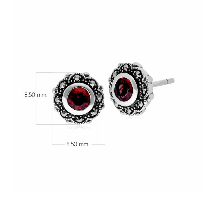 Art Nouveau Style Round Garnet & Marcasite Floral Stud Earrings in 925 Sterling Silver