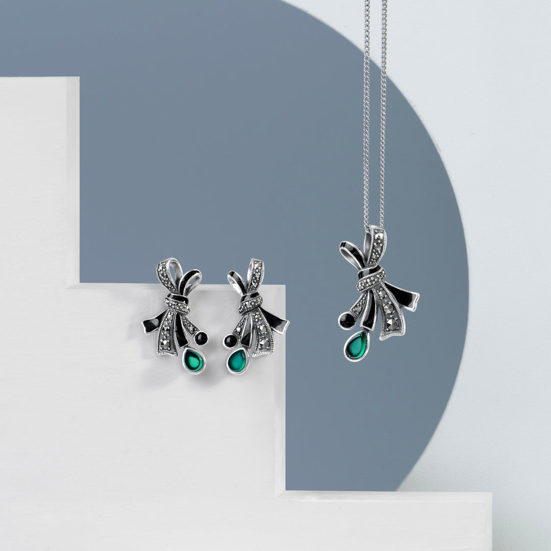Art Nouveau Style Marcasite, Chalcedony and Black Enamel Ribbon Bow Pendant Necklace in Sterling Silver