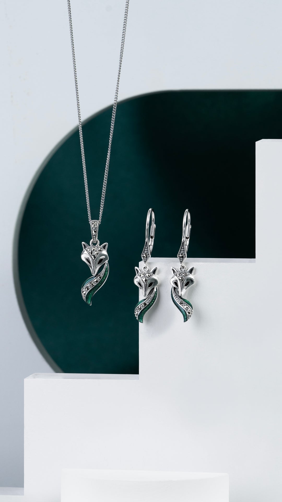 Art Nouveau Style Marcasite, Green and Black Enamel Fox Pendant Necklace in Sterling Silver