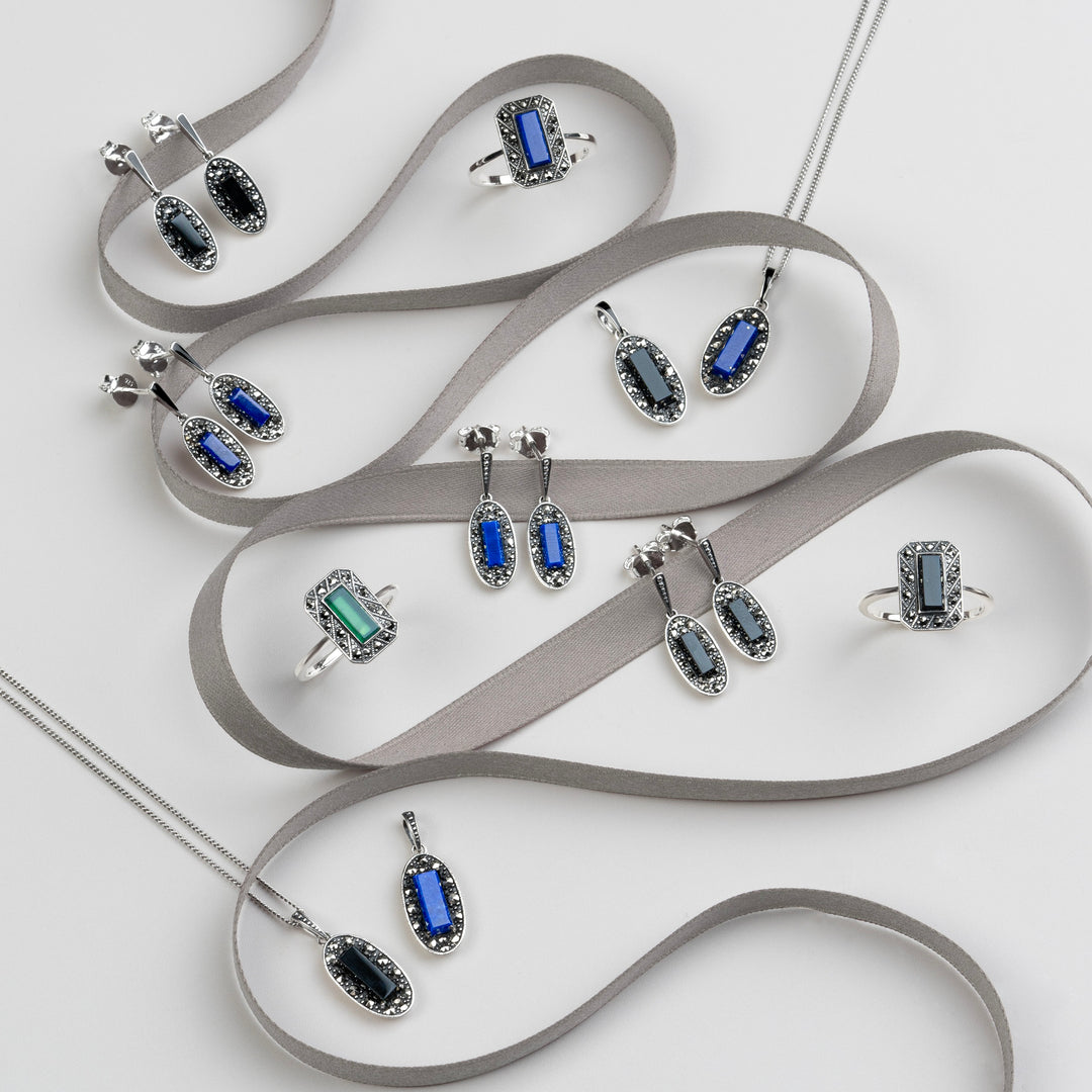 Art Deco Style Oval Lapis Lazuli and Marcasite Drop Earrings in Sterling Silver