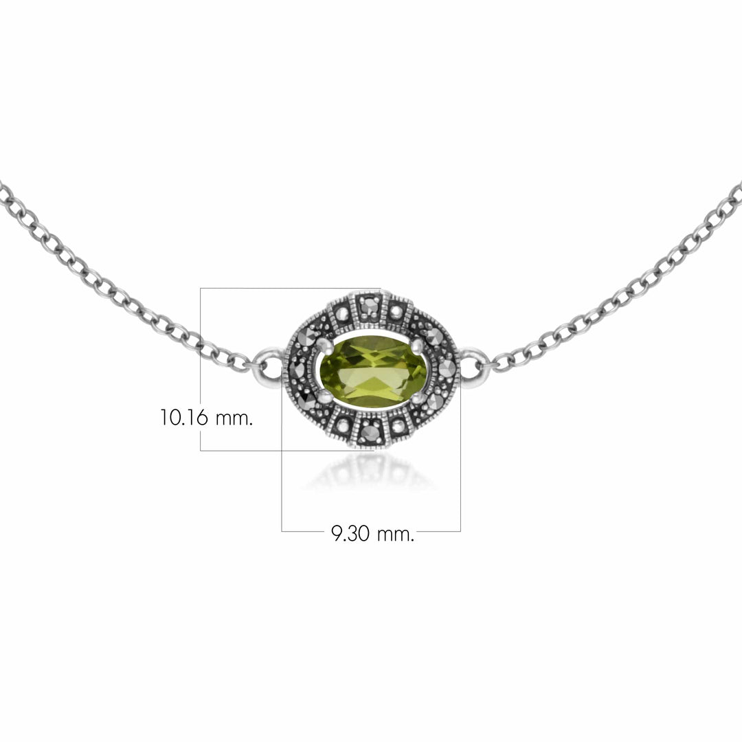 Art Deco Style Oval Peridot & Marcasite Cluster Bracelet in 925 Sterling Silver