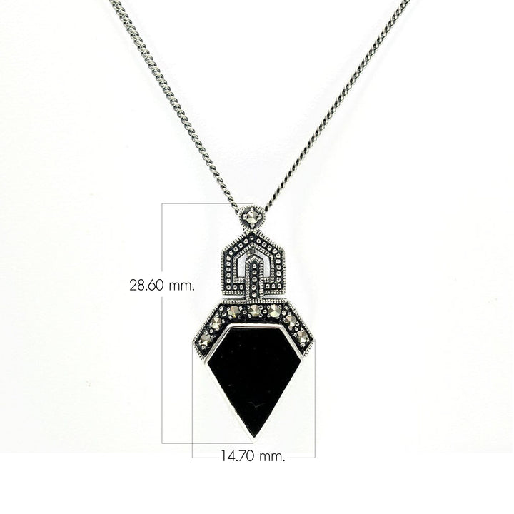 Art Deco Style Irregular Cut Onyx and Marcasite Pendant in 925 Sterling Silver