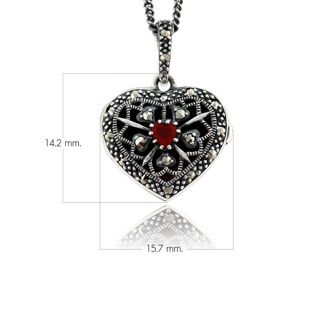Art Nouveau Style Round Garnet & Marcasite Heart Necklace in 925 Sterling Silver